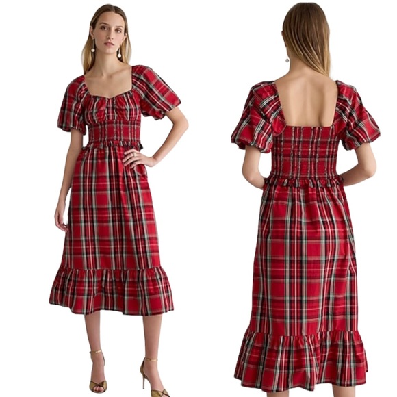 J. Crew NWT Christmas Plaid Midi Dress M Smocked Puff Sleeve Good Tidings $148 - Picture 1 of 17